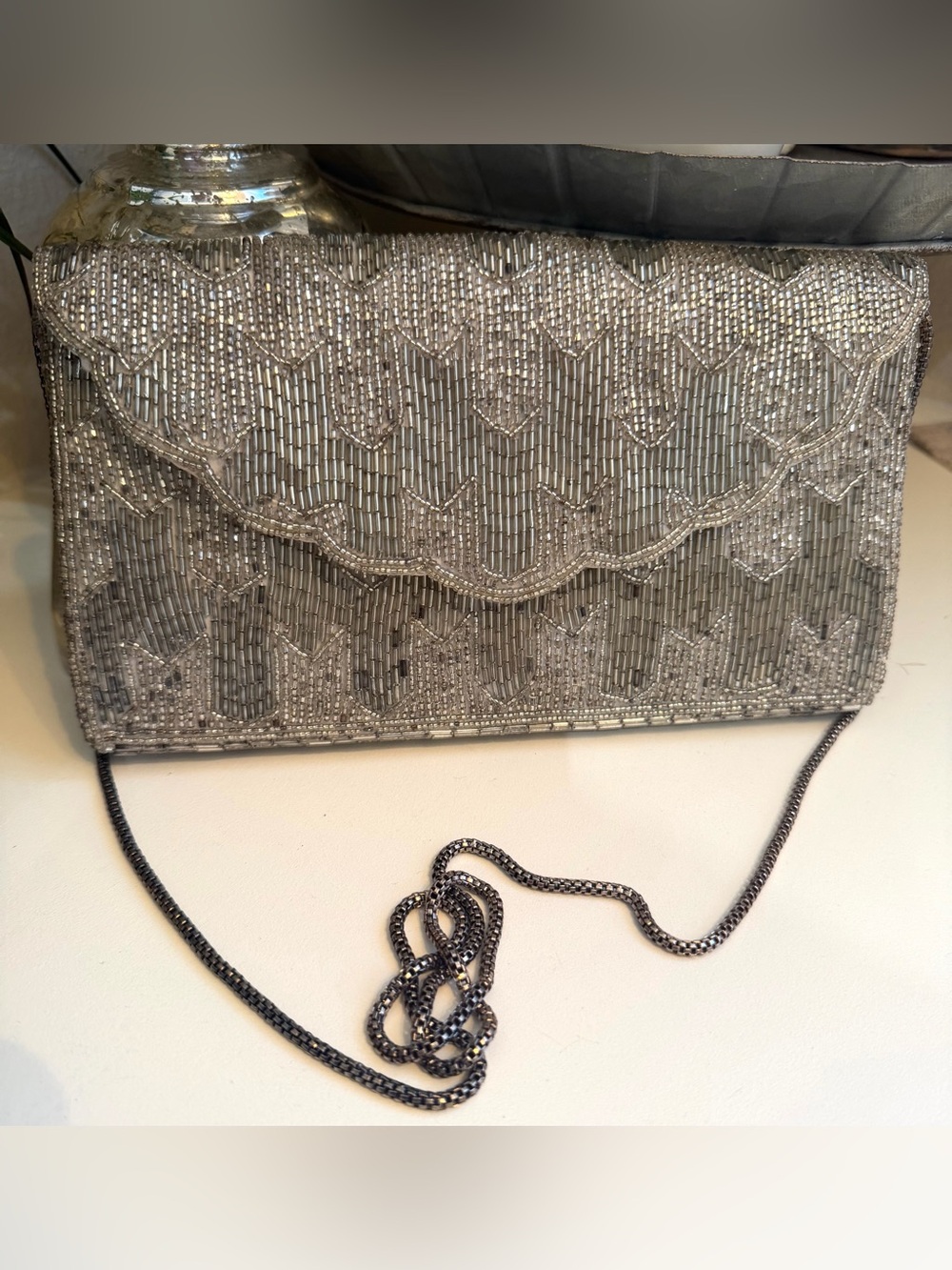 Walborg Art Deco Scalloped Beaded Evening Clutch with Silver Chain Strap